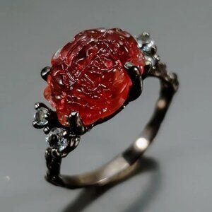 RING 6CT Natural Red Tourmaline Carved with Topaz accents 925 Size 7 RARE!